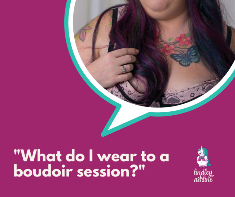 A maroon square with a circular photo of a plus-size woman in lingerie inside a chat bubble. Text reads, "What do I wear to a boudoir session?" Lindley's logo is at the right.