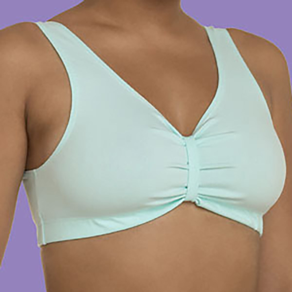 A thin white woman's torso is shown with a Decent Exposures Un-Bra in mint blue.