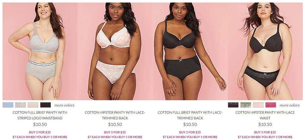 Lane Bryant - alternative to Victoria's Secret for plus sizes. Four plus-size models, two white women and two women of color, are shown on pink backgrounds. Each is wearing a bra and panty set.