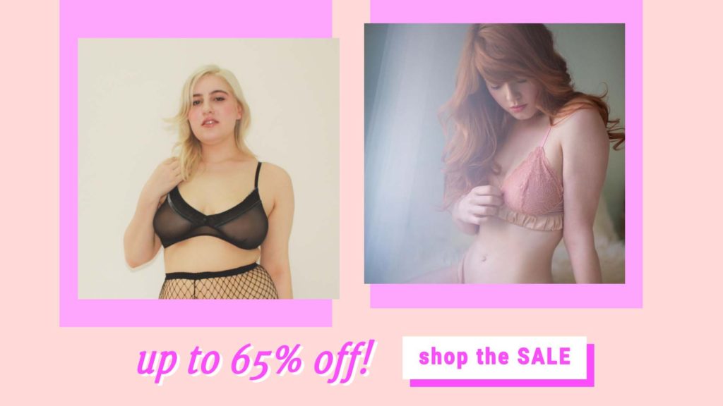 Uye Surana lingerie. Two models are shown on a pink background, one smallfat blonde woman in a black bra and fishnet tights and one thin redheaded woman in a pink bra. Text below the photos reads, Up to 65% off! Shop the sale.