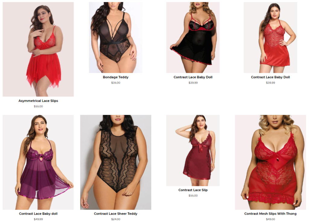 Eight plus-size models are shown on white backgrounds in images from Voluptuous Clothing, wearing black, red or purple lingerie.