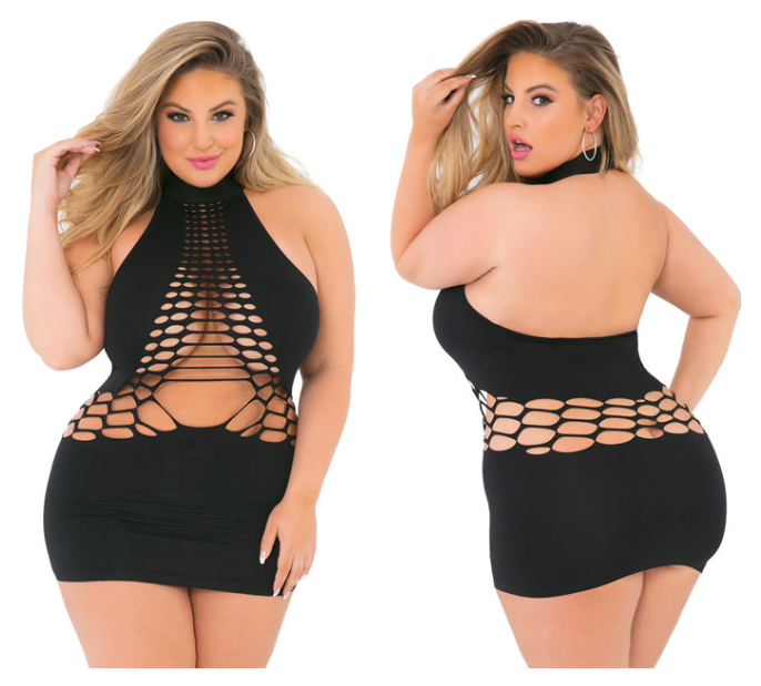 Yandy - alternative to Victoria's Secret for plus sizes. A plus-size white model poses on a white background. She is wearing a black bodycon dress with see-through areas.