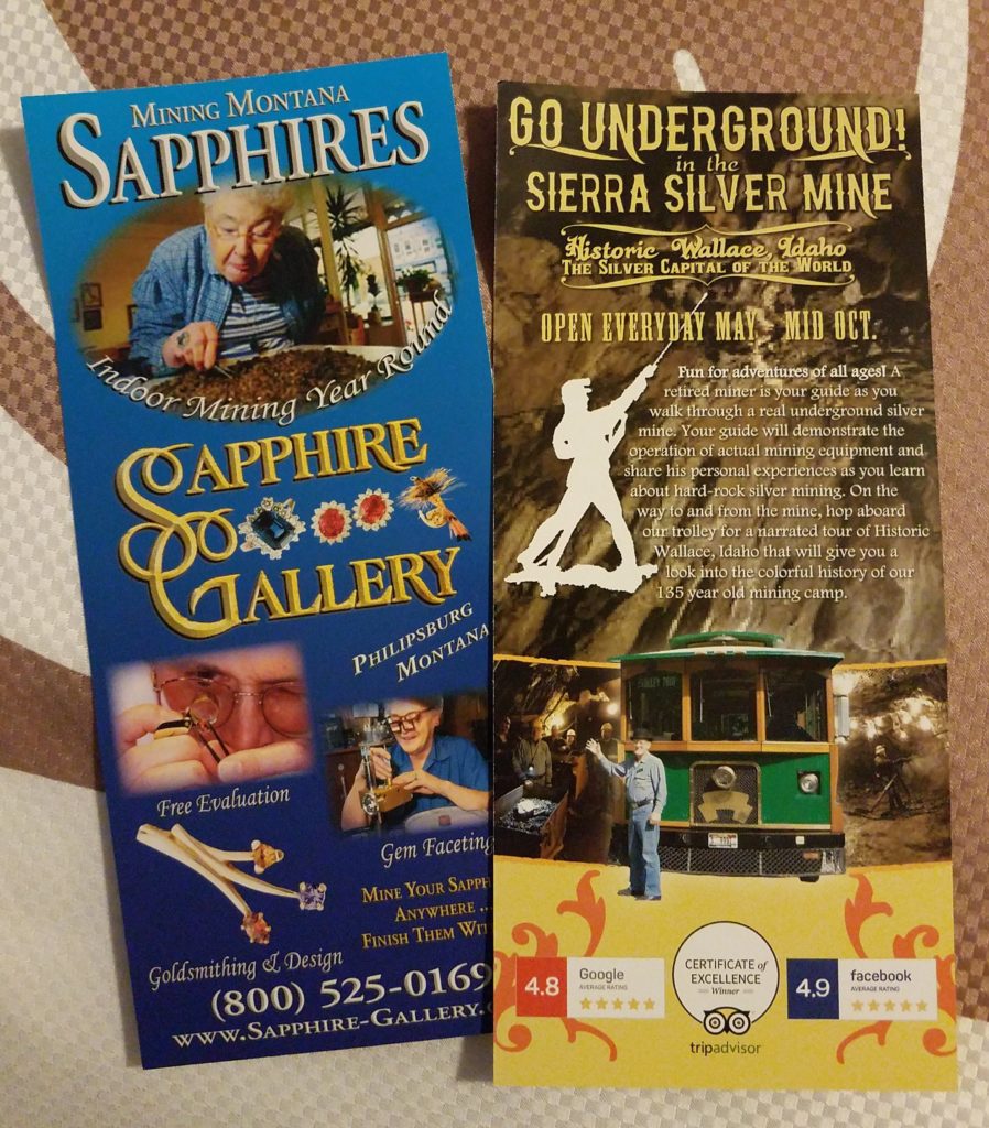 Tourist brochures for a sapphire "mining" attraction and silver mine tour.