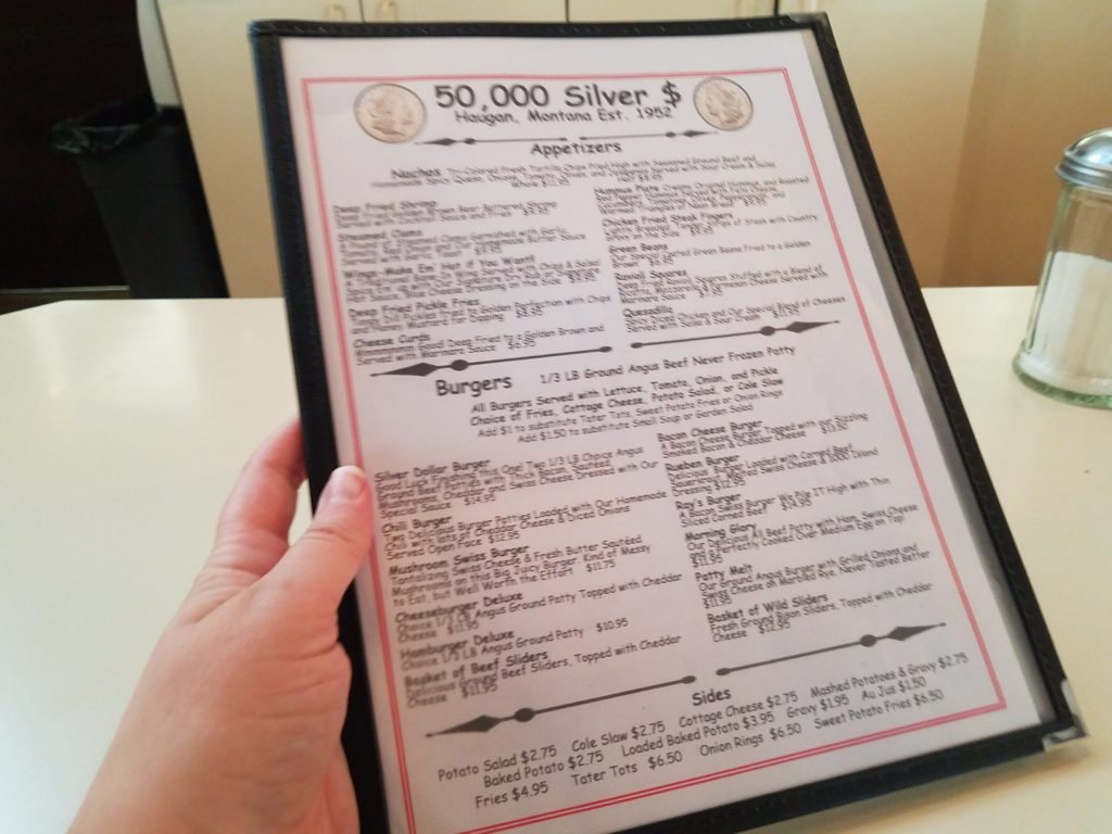 The menu at 50,000 Silver Dollar.