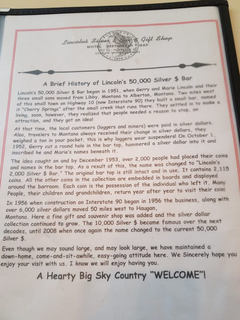 A page of history on the 50,000 Silver Dollar Bar.