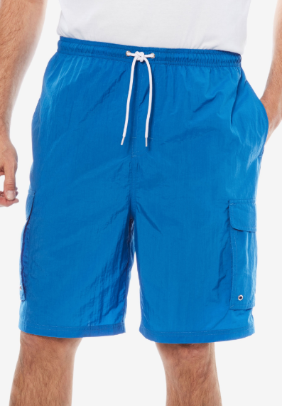 Infinite Swim: Where to Find Swimsuits in Sizes 32+

A man with white skin and visible body hair is shown from waist to knees in a white t-shirt and blue swim trunks with a white drawstring.