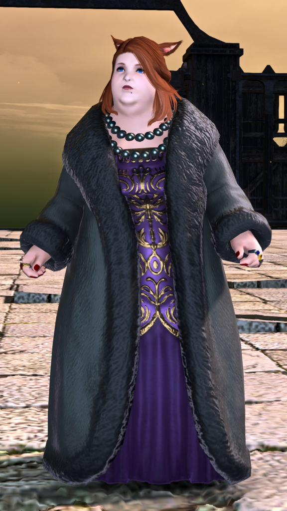 A character from the MMO Final Fantasy XIV, Dulia-Chai, is shown standing on a stone plaza in front of a sunset-silhouetted building. She is fat and pale-skinned, has red hair and cat ears, and is wearing court clothing of a purple and gold full-length dress, black pearls, and black fur coat. 