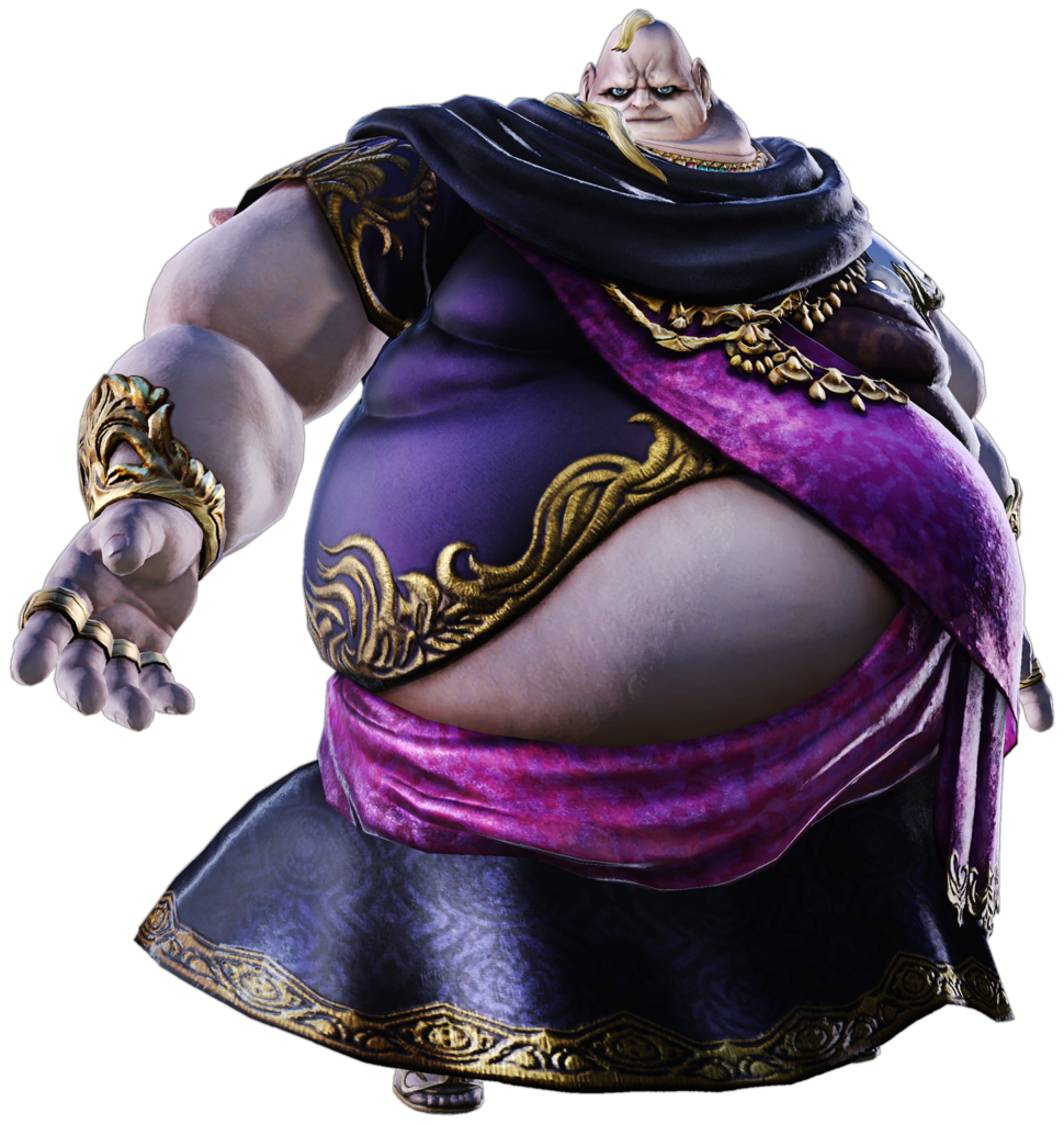 A character from the MMO Final Fantasy XIV, Lord Vauthry, is shown standing on a white background. He is a fat man with pale skin, wearing a purple and black robe with gold accoutrements. A face with glowing eyes is positioned in one armpit.