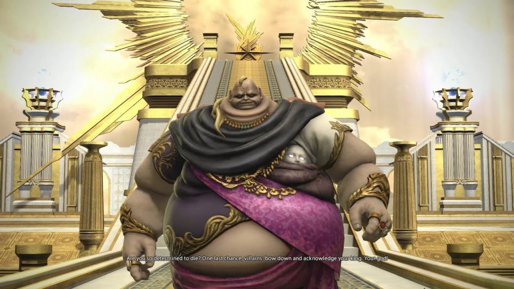 A character from the MMO Final Fantasy XIV, Lord Vauthry, is shown standing in front of a gold ziggurat. He is a fat man with pale skin, wearing a purple and black robe with gold accoutrements. A face with glowing eyes is positioned in one armpit.