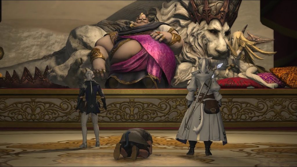 A character from the MMO Final Fantasy XIV, Lord Vauthry, is shown sitting on a dais with a giant lion and angel. He is a fat man with pale skin, wearing a purple and black robe with gold accoutrements. Three other fantasy characters stand before him.