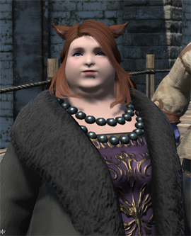 A character from the MMO Final Fantasy XIV, Dulia-Chai, is shown standing in front of a stone wall outdoors. She is fat and pale-skinned, has red hair and cat ears, and is wearing court clothing of a purple and gold full-length dress, black pearls, and black fur coat. 