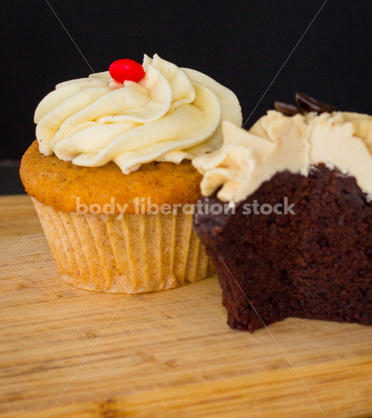 Intuitive Eating Stock Photo: Cupcakes on Wooden Cutting Board - Body Liberation Photos