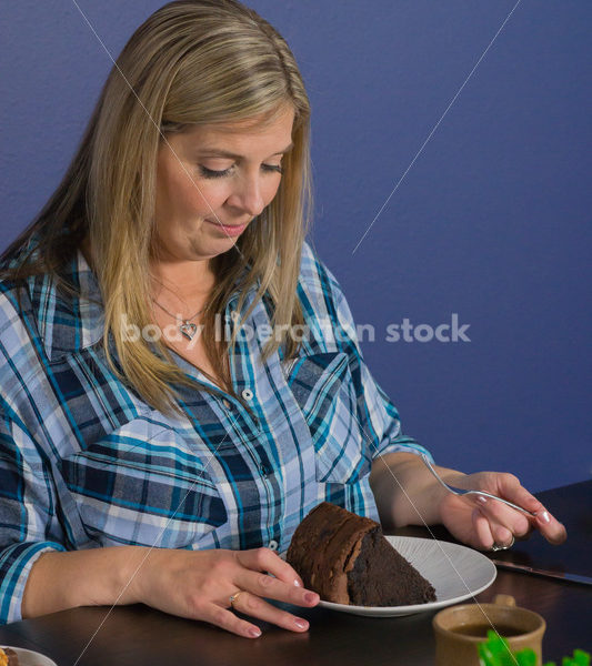 Royalty Free Stock Photo for Intuitive Eating: Plus Size Woman Eats Chocolate Cake, Nothing Bad Happens - Body Liberation Photos