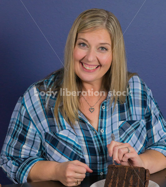 Royalty Free Stock Photo for Intuitive Eating: Plus Size Woman Eats Chocolate Cake, Nothing Bad Happens - Body Liberation Photos