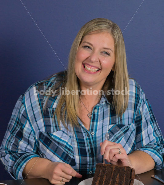 Royalty Free Stock Photo for Intuitive Eating: Plus Size Woman Eats Chocolate Cake, Nothing Bad Happens - Body Liberation Photos