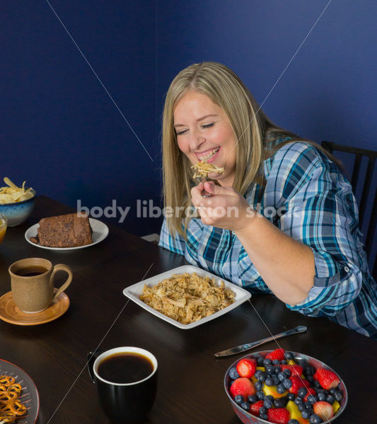 Royalty Free Stock Photo for Intuitive Eating: Plus Size Woman Eats Food, Nothing Bad Happens - Body Liberation Photos