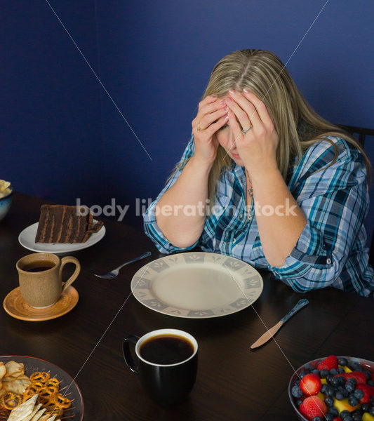 Royalty Free Stock Photo for Intuitive Eating: Plus Size Woman Overwhelmed by Variety of Foods on Dining Table - Body Liberation Photos