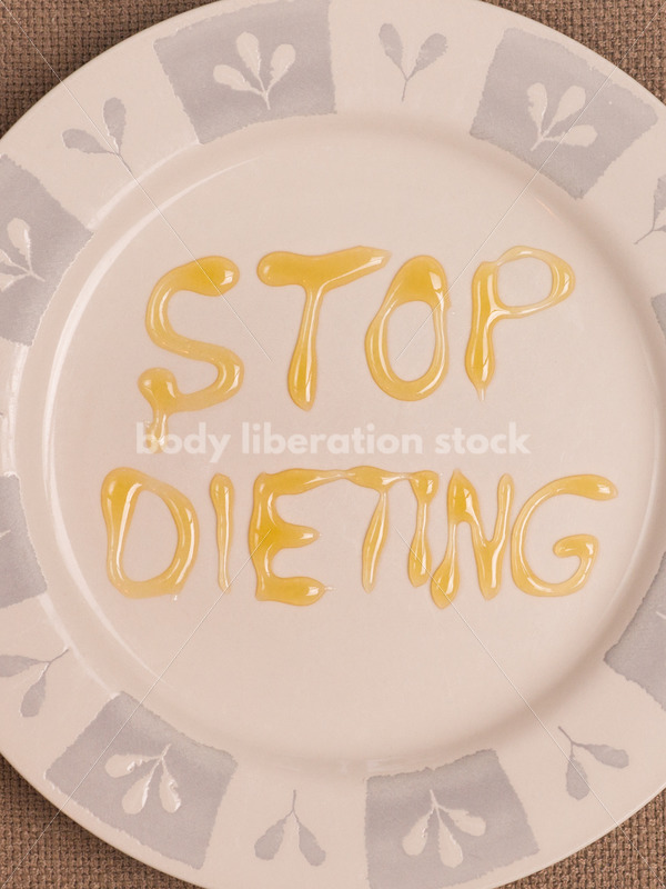 Stock Photo: Diet Recovery Concept STOP DIETING Spelled Out on Dinner Plate - Body Liberation Photos