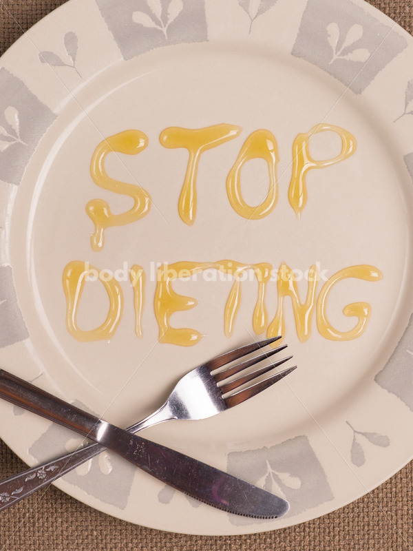 Stock Photo: Diet Recovery Concept STOP DIETING Spelled Out on Plate - Body Liberation Photos