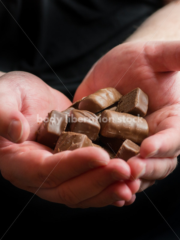 Stock Photo: Dieting Recovery Concept Man’s Hands Full of Chocolate - Body Liberation Photos