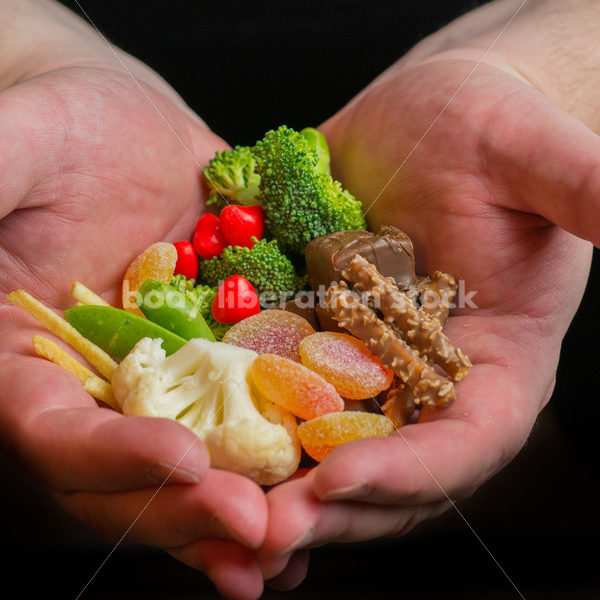 Stock Photo: Dieting Recovery Concept Man’s Hands Full of Food - Body Liberation Photos