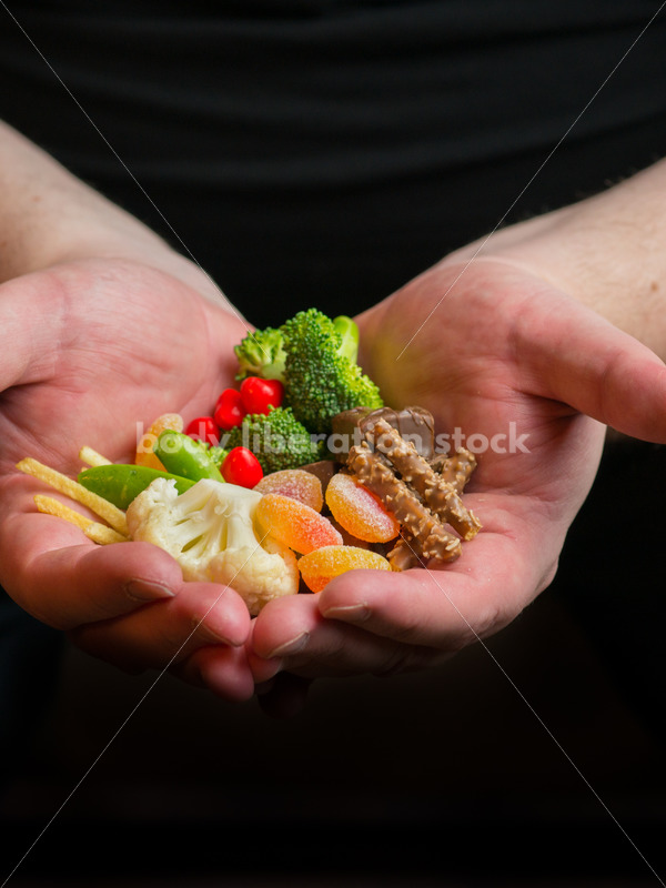Stock Photo: Dieting Recovery Concept Man’s Hands Full of Food - Body Liberation Photos