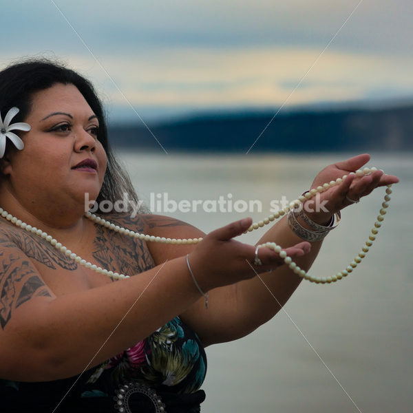 Stock Photo: Female Pacific Islander Hula Dancer on Twilight Shore - Body Liberation Photos