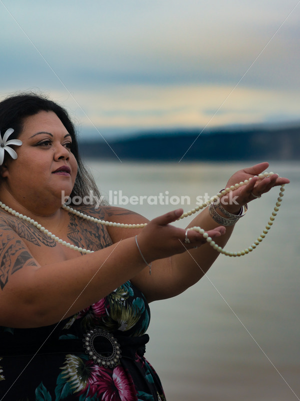 Stock Photo: Female Pacific Islander Hula Dancer on Twilight Shore - Body Liberation Photos