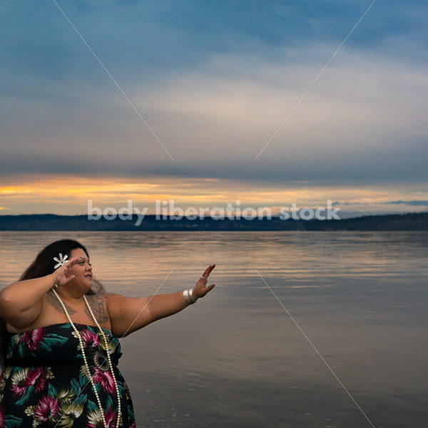 Stock Photo: Joyful Movement Pacific Islander Woman Hula Dancing on Beach at Sunset - Body Liberation Photos