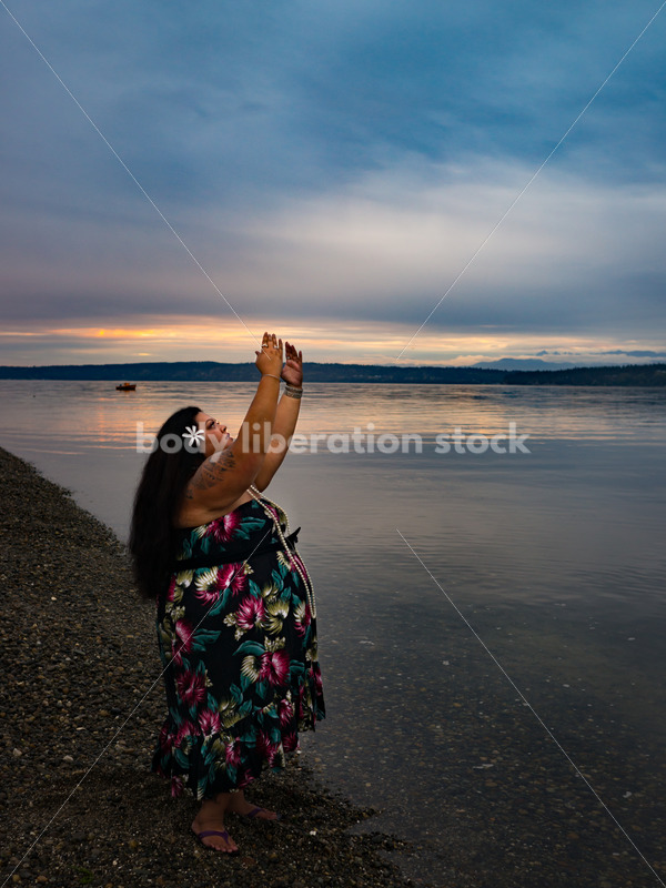 Stock Photo: Joyful Movement Pacific Islander Woman Hula Dancing on Beach at Sunset - Body Liberation Photos