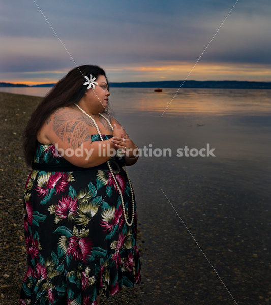 Stock Photo: Joyful Movement Pacific Islander Woman Hula Dancing on Beach at Sunset - Body Liberation Photos