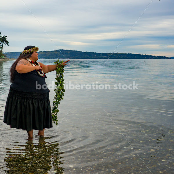 Stock Photo: Joyful Movement Pacific Islander Woman Hula Dancing on Beach at Twilight - Body Liberation Photos