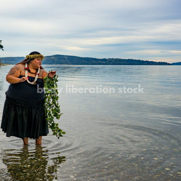 Stock Photo: Joyful Movement Pacific Islander Woman Hula Dancing on Beach at Twilight - Body Liberation Photos