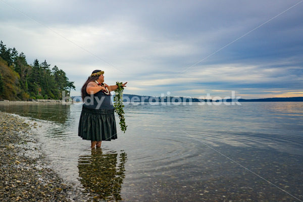 Stock Photo: Joyful Movement Pacific Islander Woman Hula Dancing on Beach at Twilight - Body Liberation Photos