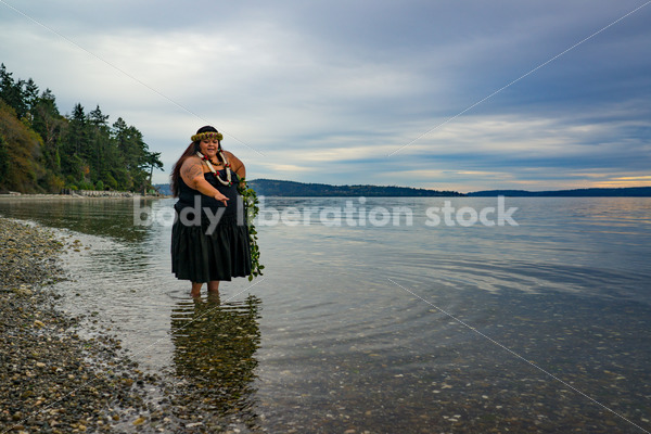 Stock Photo: Joyful Movement Pacific Islander Woman Hula Dancing on Beach at Twilight - Body Liberation Photos