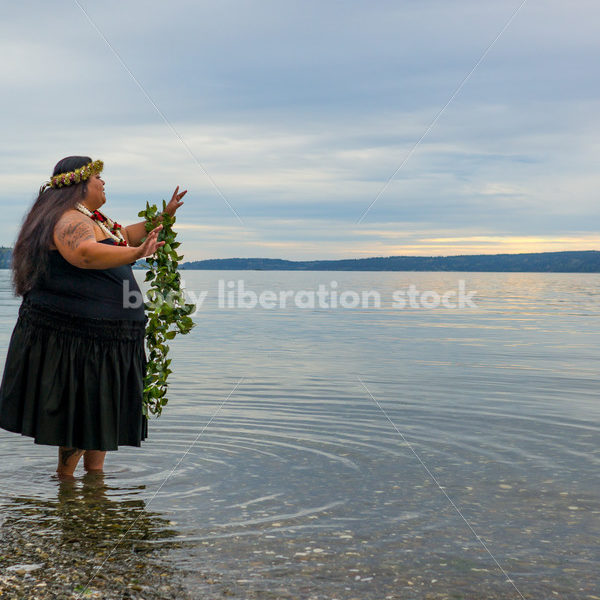 Stock Photo: Joyful Movement Pacific Islander Woman Hula Dancing on Beach at Twilight - Body Liberation Photos