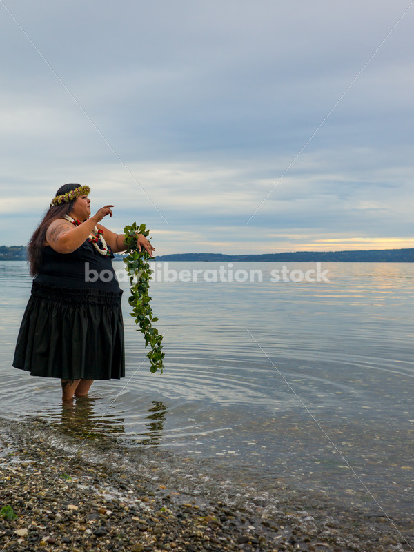 Stock Photo: Joyful Movement Pacific Islander Woman Hula Dancing on Beach at Twilight - Body Liberation Photos