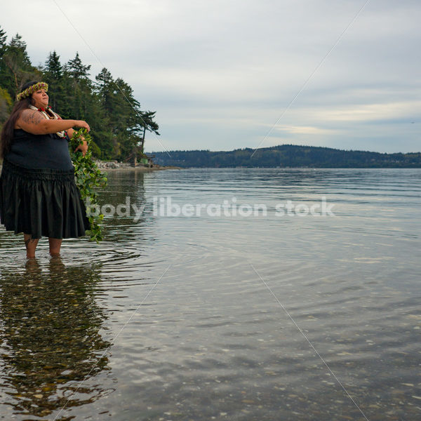 Stock Photo: Joyful Movement Pacific Islander Woman Hula Dancing on Beach at Twilight - Body Liberation Photos