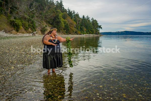 Stock Photo: Joyful Movement Pacific Islander Woman Hula Dancing on Beach at Twilight - Body Liberation Photos