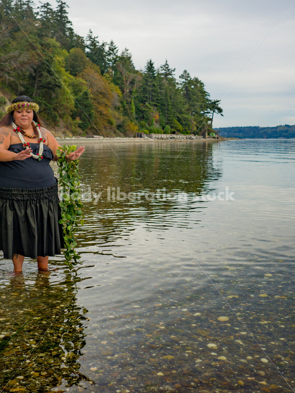 Stock Photo: Joyful Movement Pacific Islander Woman Hula Dancing on Beach at Twilight - Body Liberation Photos