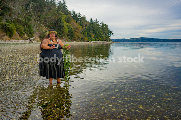 Stock Photo: Joyful Movement Pacific Islander Woman Hula Dancing on Beach at Twilight - Body Liberation Photos