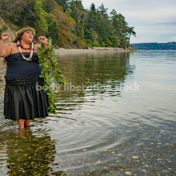 Stock Photo: Joyful Movement Pacific Islander Woman Hula Dancing on Beach at Twilight - Body Liberation Photos