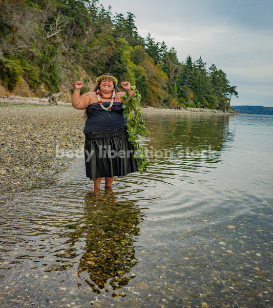 Stock Photo: Joyful Movement Pacific Islander Woman Hula Dancing on Beach at Twilight - Body Liberation Photos