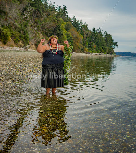 Stock Photo: Joyful Movement Pacific Islander Woman Hula Dancing on Beach at Twilight - Body Liberation Photos