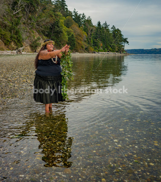 Stock Photo: Joyful Movement Pacific Islander Woman Hula Dancing on Beach at Twilight - Body Liberation Photos