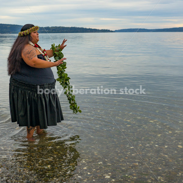 Stock Photo: Joyful Movement Pacific Islander Woman Hula Dancing on Beach at Twilight - Body Liberation Photos