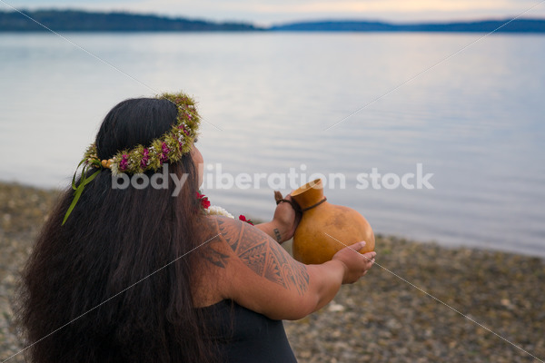 Stock Photo: Pacific Islander Woman Hula Dancing on Evening Pebbled Beach - Body Liberation Photos