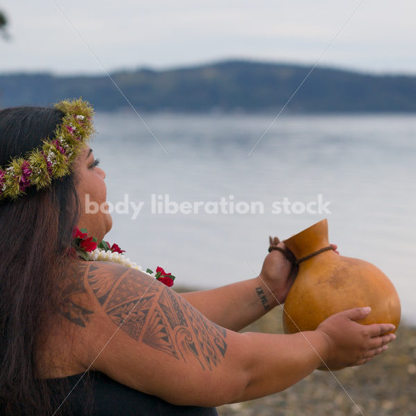 Stock Photo: Pacific Islander Woman Hula Dancing on Evening Pebbled Beach - Body Liberation Photos