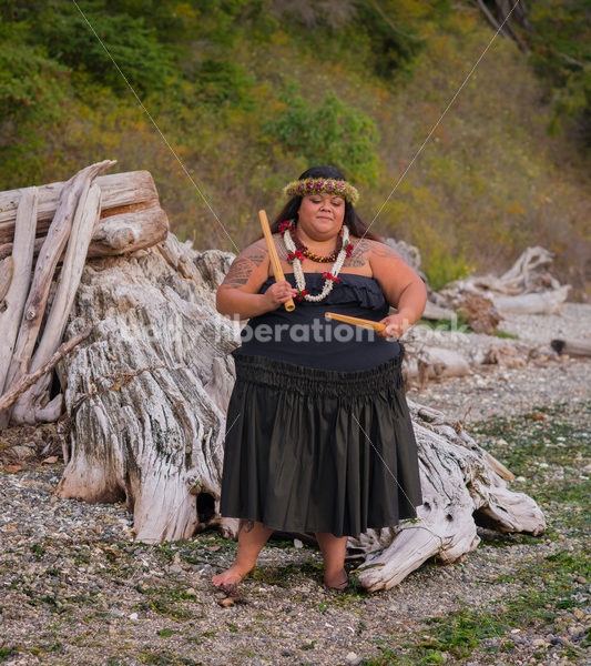 Stock Photo: Pacific Islander Woman Hula Dancing on Evening Pebbled Beach - Body Liberation Photos