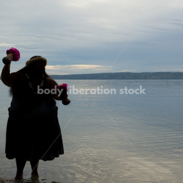 Stock Photo: Pacific Islander Woman Hula Dancing on Evening Pebbled Beach - Body Liberation Photos